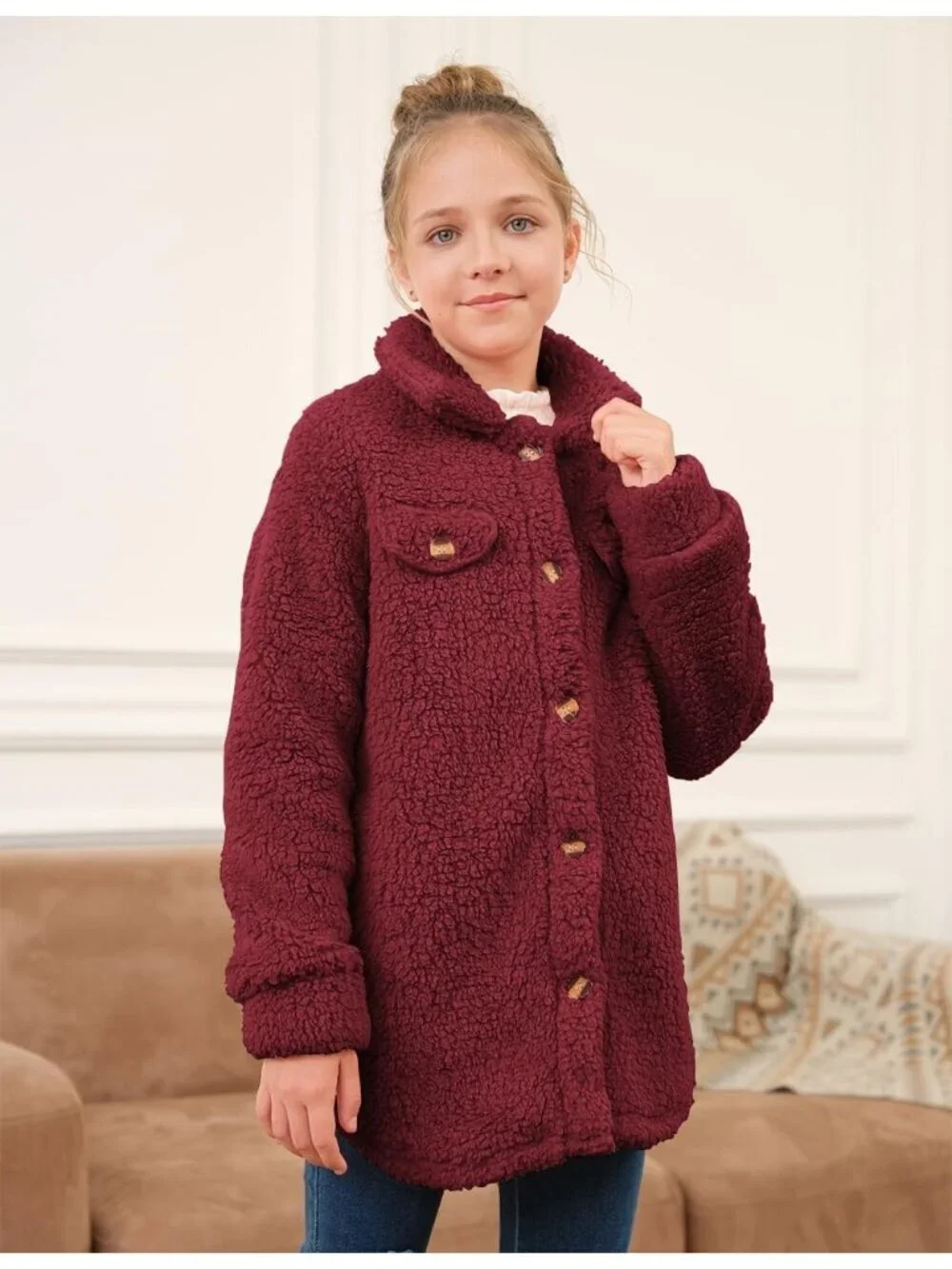 Kids Girl's Wine Red Polyester Casual Button Down Sherpa Faux Fur Fleece Jacket